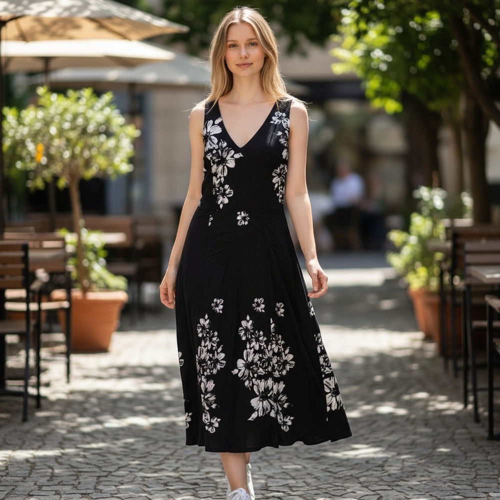 Bisou Bisou Jumpsuit 12 Floral Wide Leg Sleeveless Racerback Black White Vintage